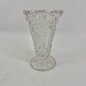 Vintage Pressed Glass Pedestal Trumpet Vase Starburst Diamond Pattern 7”